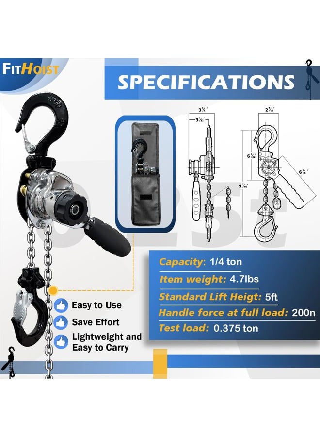 FITHOIST Chrome Plated Mini Chain Hoist 1/4 ton 550Lbs Capacity 5ft Lift Manual lever chain hoist Resists corrosion chrome exterior finish Alloy Steel G80 Chain, for Garages Warehouse Automotive - Image 3