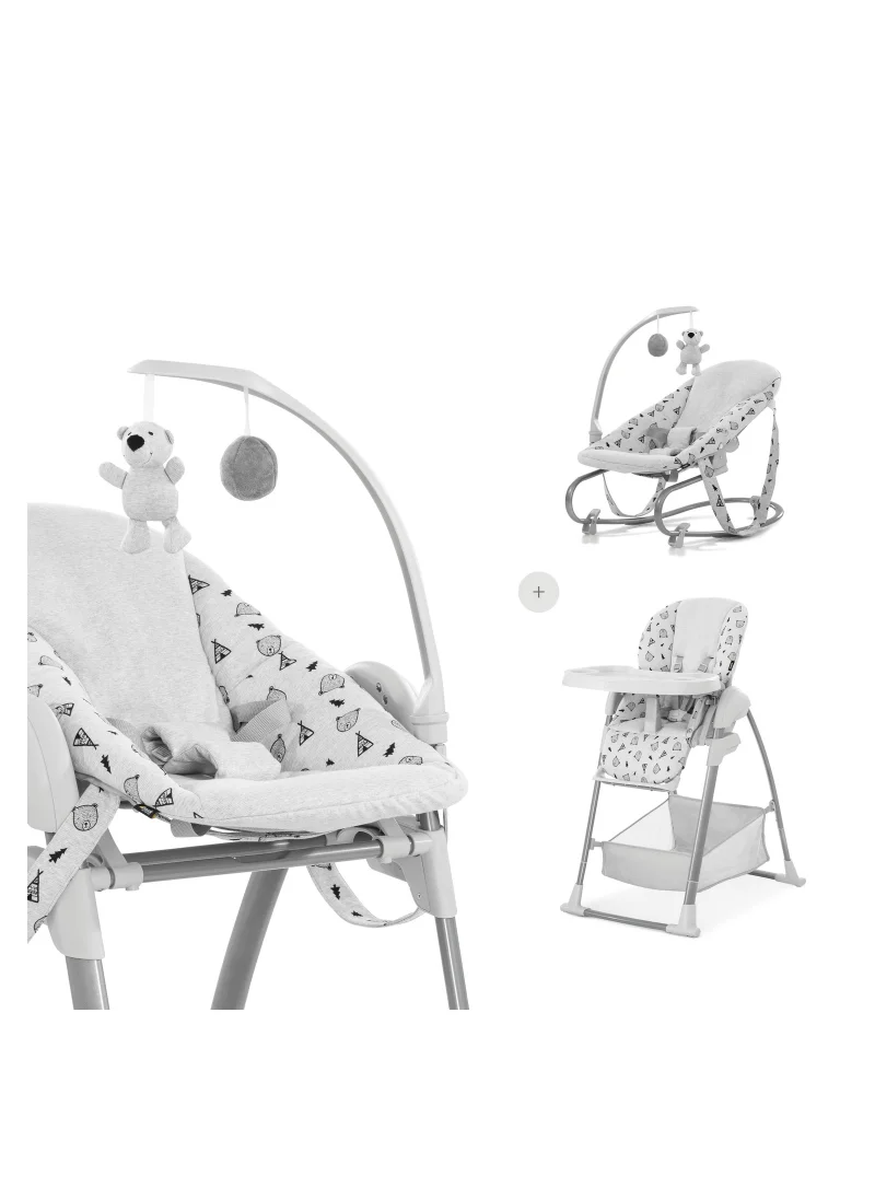 hauck Sit N Relax 3-In-1 includes Baby Bouncer and High Chair, Compact & Foldable, with Plush Toys, Grey 0M+