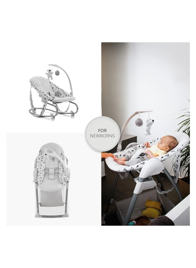 hauck Sit N Relax 3-In-1 includes Baby Bouncer and High Chair, Compact & Foldable, with Plush Toys, Grey 0M+