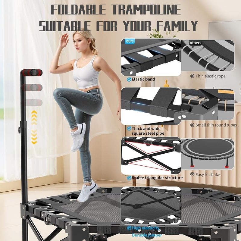 AoMige 42" Folding Rebounder Trampoline,Portable Foldable Installation-Free Fitness Bungee Rebounder with Adjustable Handle Max Load 300KG for Indoor/Garden Exercise for Adults and Children - Image 5