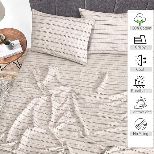 RUVANTI 100 Cotton Percale Sheets Full Size Crisp Cooling Bed Sheets for Hot Sleepers Deep Pocket 16 Soft Breathable Durable HotelStyle 4 Piece Set Brown Stripes - Image 3