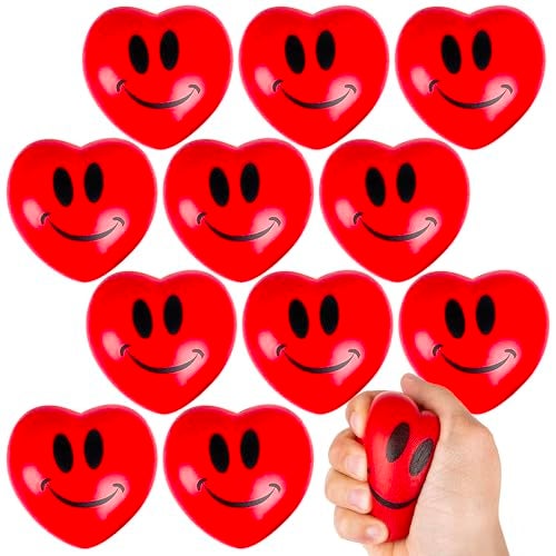 ArtCreativity Heart Stress Balls 12 pcs 275 inches Red Foam Squishy Toys Smile Face Squeeze Red Hearts LoveThemed Party Favors Gifts Rewards Valentines Day Easter Basket Stuffer Kids Adult - Image 1