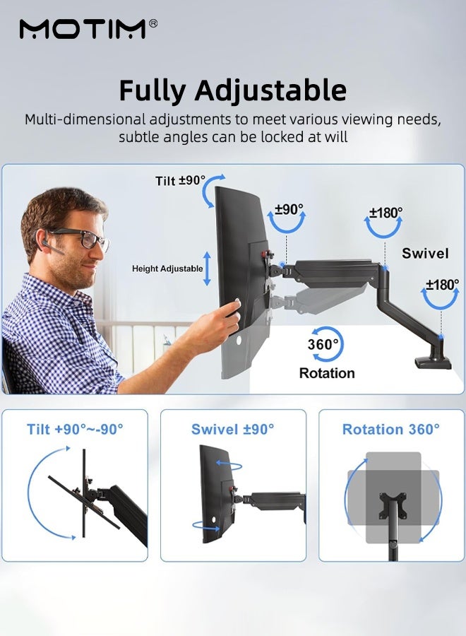 Motim Monitor Arm Mount for Desk, Full Motion Articulating Monitor Stand with Gas Spring, Height Adjustable, Monitor Desk Mount for 17 to 35 Inch LCD LED Computer Monitor, VESA 75x75 & 100x100,  (Holds up to 2-10KG) - Image 4