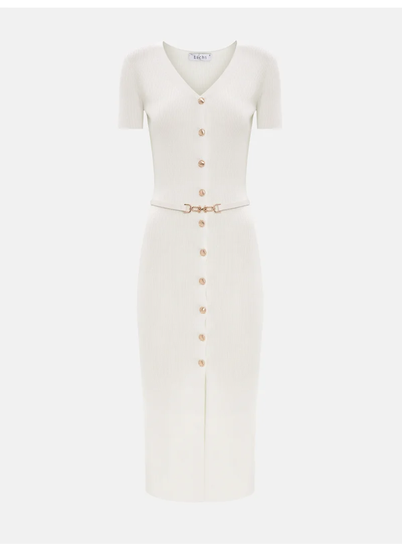 Lichi Knitted midi dress with buttons at the front and matching belt
