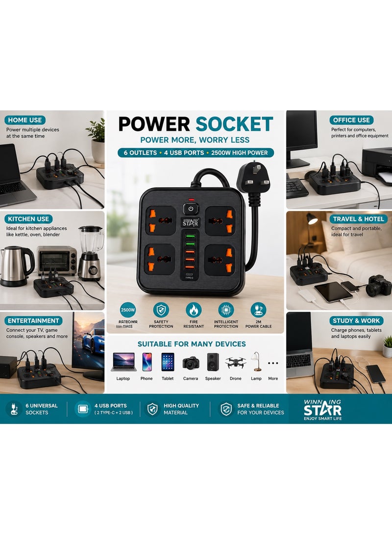 مشترك كهربائي متعدد المنافذ مع USB وType-C – 2500 واط – 6 مقابس عالمية وكابل 2 متر - Image 2