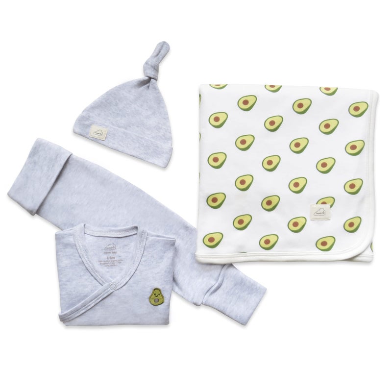 Masilo Masilo Organic Cotton Welcome Baby Bundle - Top/Pant/Top Knot Cap/Receiving Blanket/Unisex, 3-6 Months, Grey- Avocado' - Image 1