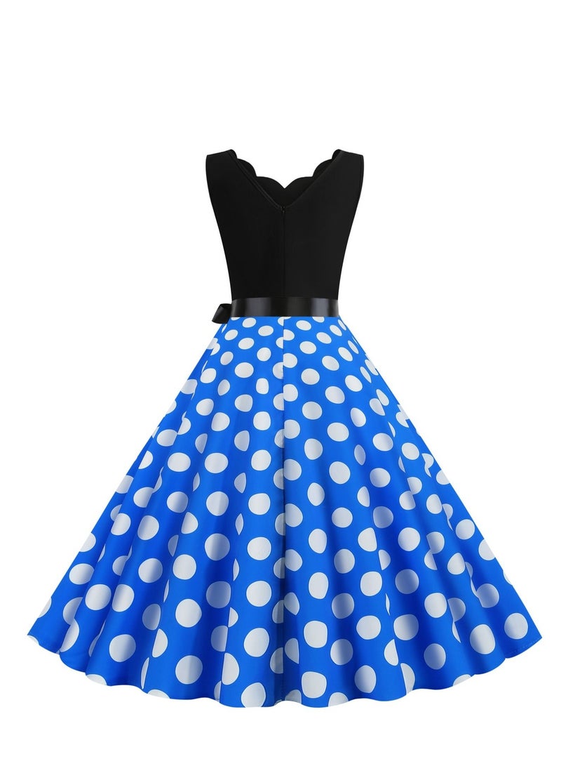 Loquat V-neck Sleeveless Polka Dot Lace Up Waist Retro Large Swing Dress Blue/White  - Image 3