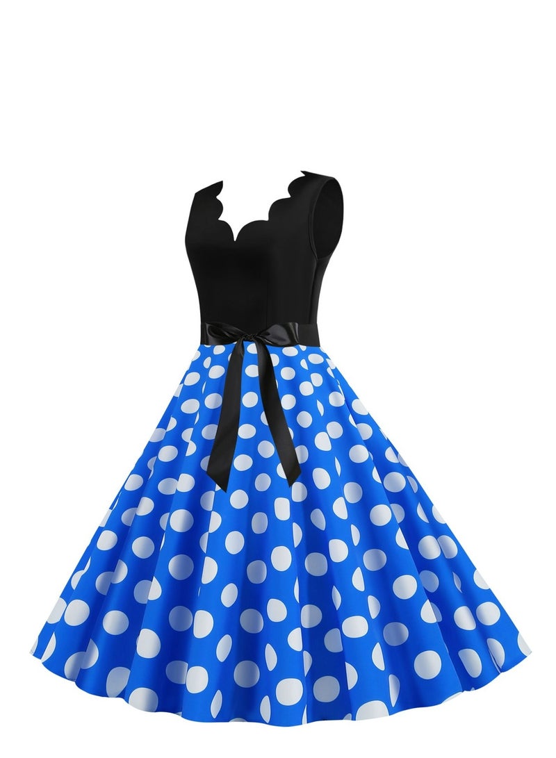 Loquat V-neck Sleeveless Polka Dot Lace Up Waist Retro Large Swing Dress Blue/White  - Image 2