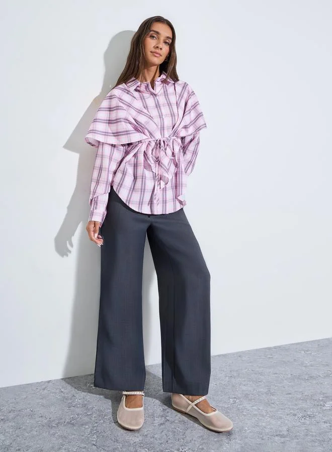 ستايلي Multi-Color Checked Tie-Front Ruffle Blouse