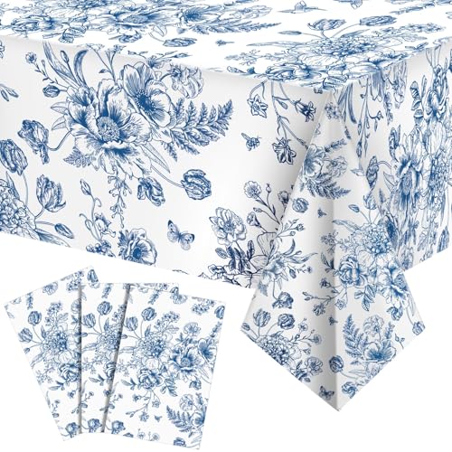 Tiamon 3 Pcs Blue Floral Plastic Tablecloth 54 x 108 Inch Vintage Rectangle Table Cover Disposable Blue Flower Tablecloth Navy and White Table Decor for Spring Wedding Shower Tea Birthday Party - Image 1