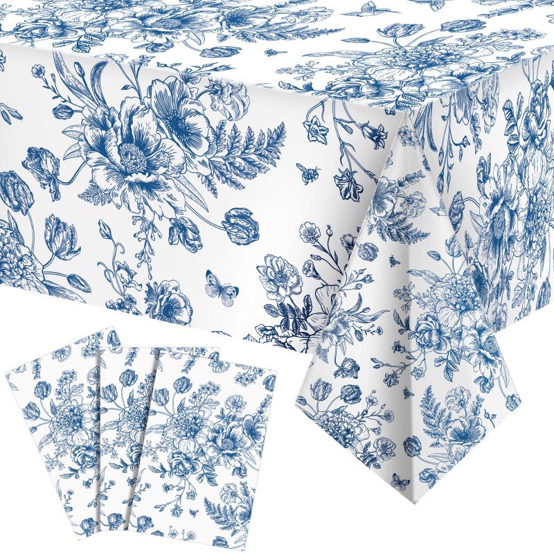 Tiamon 3 Pcs Blue Floral Plastic Tablecloth 54 x 108 Inch Vintage Rectangle Table Cover Disposable Blue Flower Tablecloth Navy and White Table Decor for Spring Wedding Shower Tea Birthday Party - Image 2