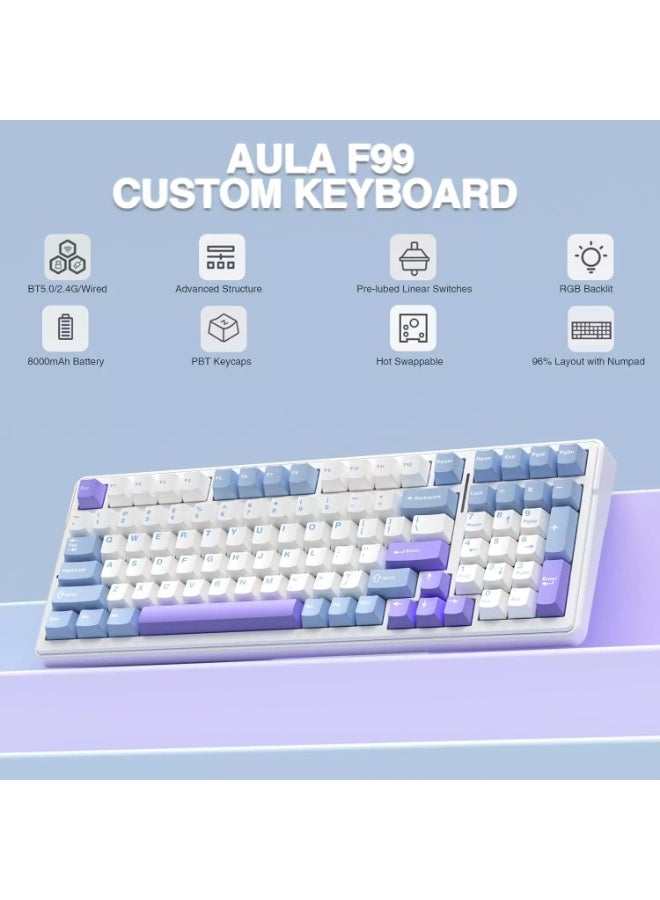 أولا لوحة مفاتيح ميكانيكية لاسلكية F99، لوحة مفاتيح قابلة للتخصيص بثلاثة أوضاع BT5.0/2.4 جيجاهرتز/USB-C قابلة للتبديل السريع، مفاتيح خطية مشحمة مسبقًا، لوحات مفاتيح ألعاب بإضاءة خلفية RGB لأجهزة الكمبيوتر/الأجهزة اللوحية/إكس بوكس/بلاي ستيشن 4/بلاي ستيشن 5 - Image 3