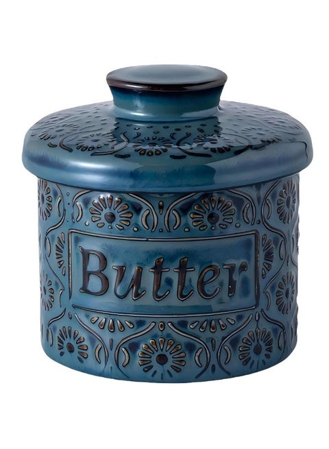 Ceramic French Butter Crock with Lid, 6.7 oz Vintage Blue Butter Keeper Container