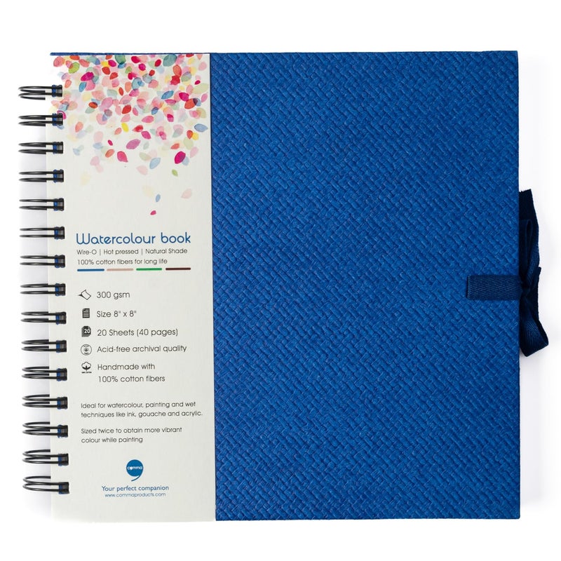 COMMA Watercolour Book 8 X 8 300GSM WireO Sketchbook Hot Pressed Natural Shade 100 Cotton Fibers Royal Blue - Image 1