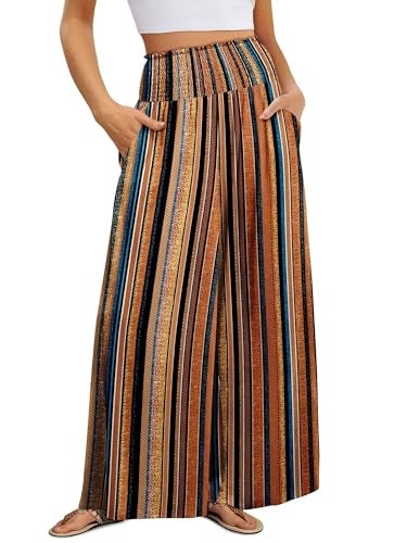 KISSMODA Womens Casual Palazzo Pants Comfy Elastic High Waist Pants Summer Vacation Trousers Pant Brown Stripe L - Image 1