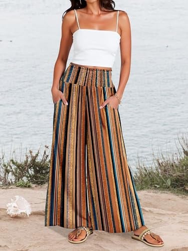KISSMODA Womens Casual Palazzo Pants Comfy Elastic High Waist Pants Summer Vacation Trousers Pant Brown Stripe L - Image 4