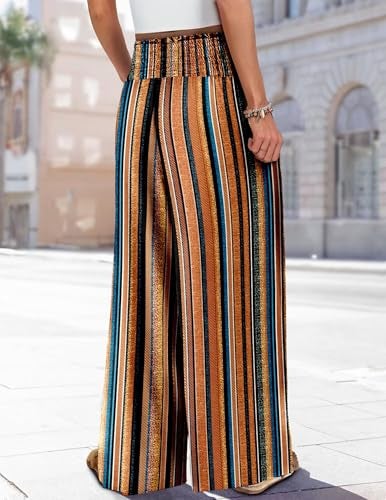KISSMODA Womens Casual Palazzo Pants Comfy Elastic High Waist Pants Summer Vacation Trousers Pant Brown Stripe L - Image 3