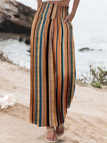 KISSMODA Womens Casual Palazzo Pants Comfy Elastic High Waist Pants Summer Vacation Trousers Pant Brown Stripe L - Image 2