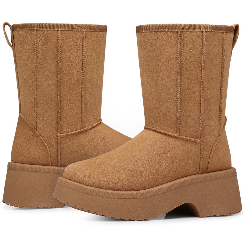 SHIBEVER Snow Boots for Women Winter: Platform Warm Insulated Classic Short Boot Size 7 - Fur Lined Lightweight Womens Chestnut Shoes - Image 1