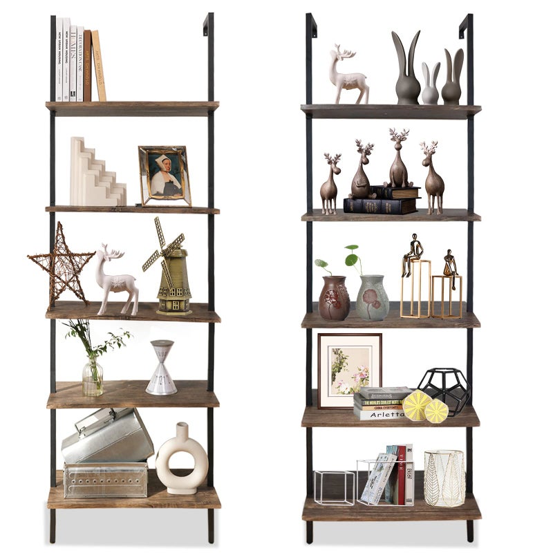 Aboxoo aboxoo Ladder Shelf 2PCS Open Bookshelf 5Tier WallMounted Wood Bookcase Rack Open Back Industrial Modern Plant Flower Stand Utility OrganizerMetal Frame Furniture Office Kitchen Bedroom Brown 