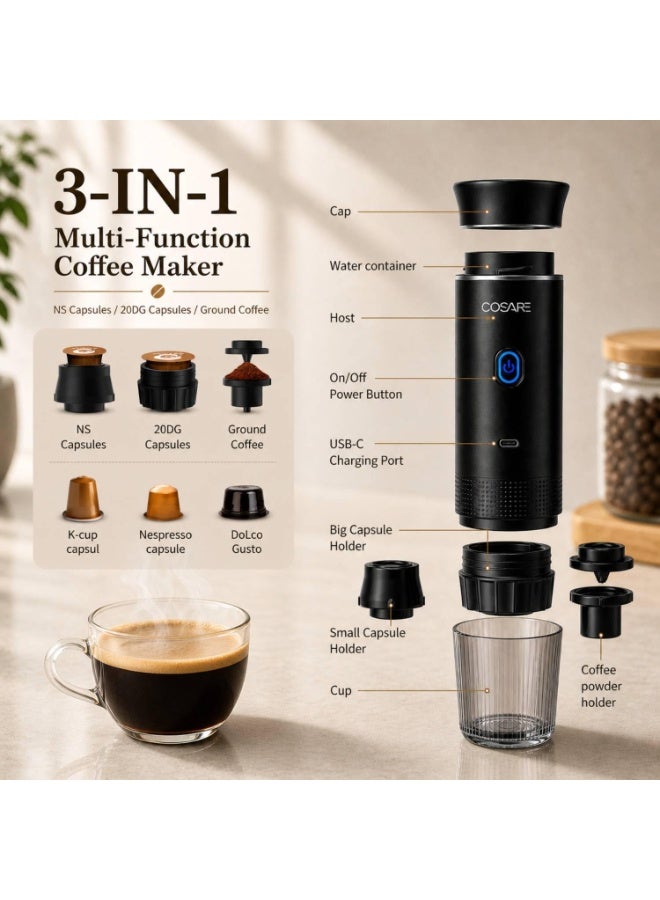 COSARE 3-in-1 Portable Coffee Machine & Travel Espresso Maker, Compatible with Dolce Gusto Capsules, Ground Coffee, Small & Large Capsules, USB-C Rechargeable Portable Coffee Maker, 100+ Cups Per Charge for Camping, Travel, Car, Office & Home (BLACK) - Image 4