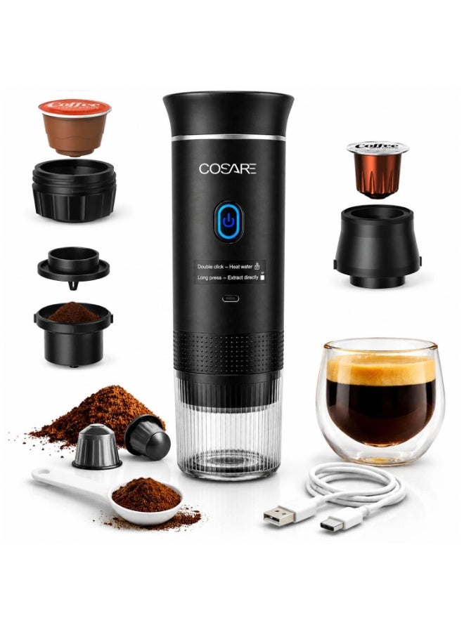COSARE 3-in-1 Portable Coffee Machine & Travel Espresso Maker, Compatible with Dolce Gusto Capsules, Ground Coffee, Small & Large Capsules, USB-C Rechargeable Portable Coffee Maker, 100+ Cups Per Charge for Camping, Travel, Car, Office & Home (BLACK) - Image 1