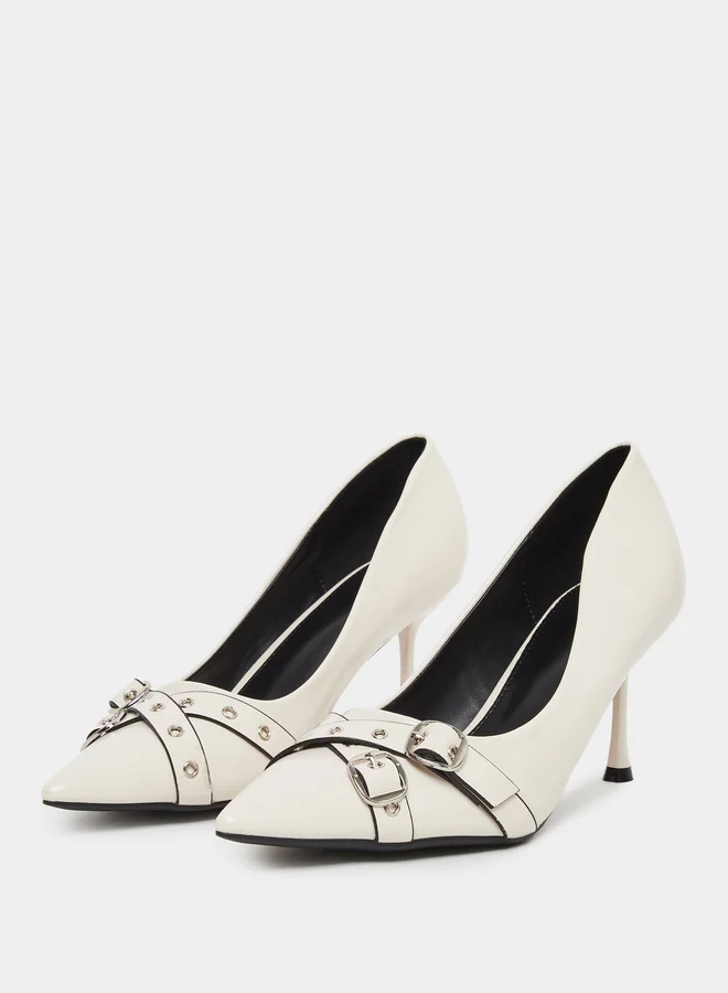 Styli Styli Women Cream Buckle Detail Pointed Toe Pumps