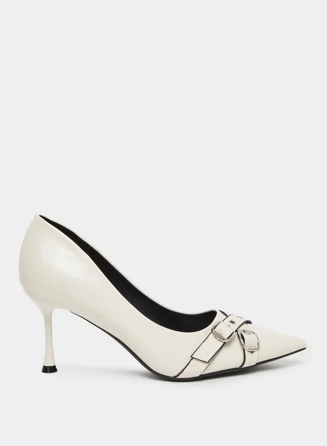 Styli Styli Women Cream Buckle Detail Pointed Toe Pumps