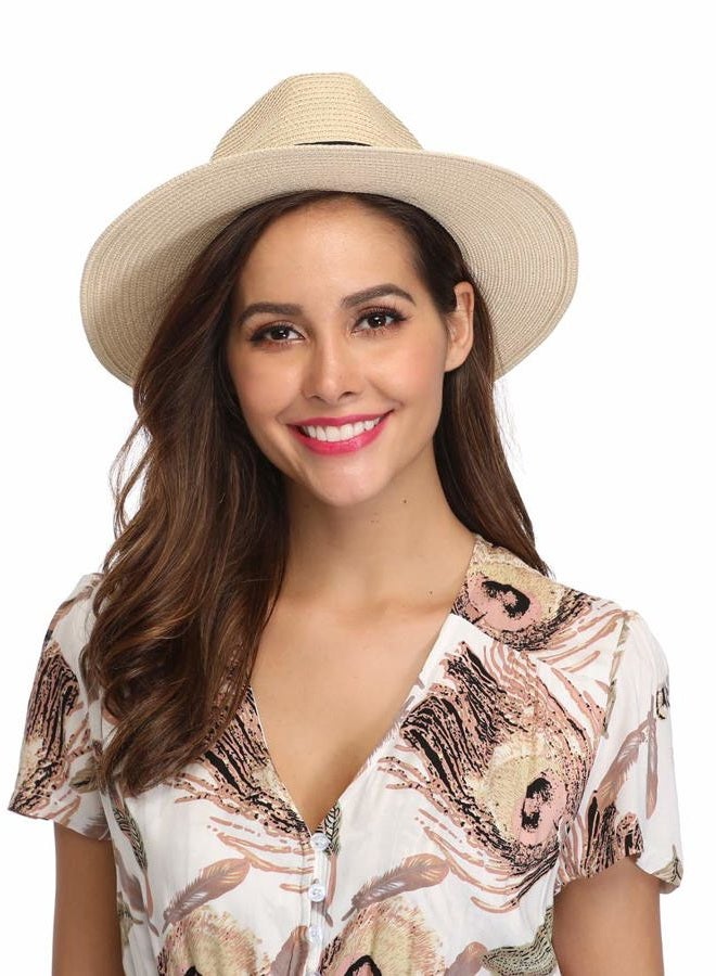 Lanzom Women Wide Brim Straw Panama Roll up Hat Fedora Beach Sun Hat UPF50+ (Z-Red Ribbon Khaki) - Image 5