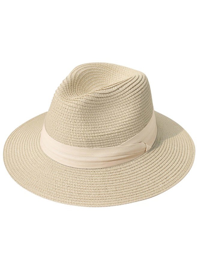 Lanzom Women Wide Brim Straw Panama Roll up Hat Fedora Beach Sun Hat UPF50+ (Z-Red Ribbon Khaki) - Image 1