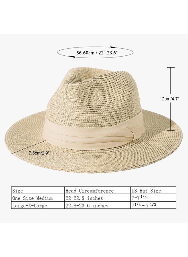 Lanzom Women Wide Brim Straw Panama Roll up Hat Fedora Beach Sun Hat UPF50+ (Z-Red Ribbon Khaki) - Image 2