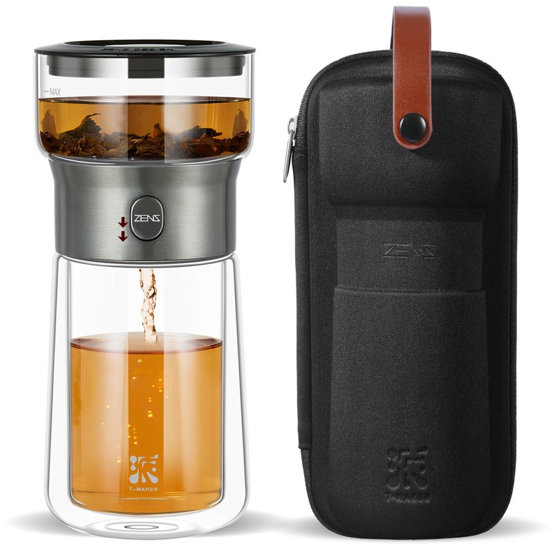 ZENS Modern Glass Tea Infuser Teapot, Smart One Touch Tea Maker for Loose Tea Diffusers with Insulated Mug and Portable Tea Kits, Cool Gongfu Tea Pot for Black Tea Lover Gifts - Image 1