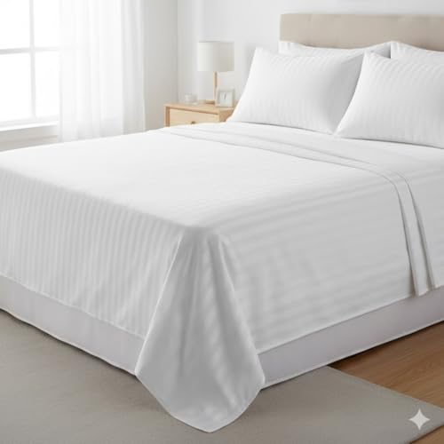 Guffaw 210 TC Glace Cotton Satin Striped Plain Bedsheet for Double Bed Queen Size with Two Pillow Covers for Home-Hotels-Guest House-White Color - Image 1