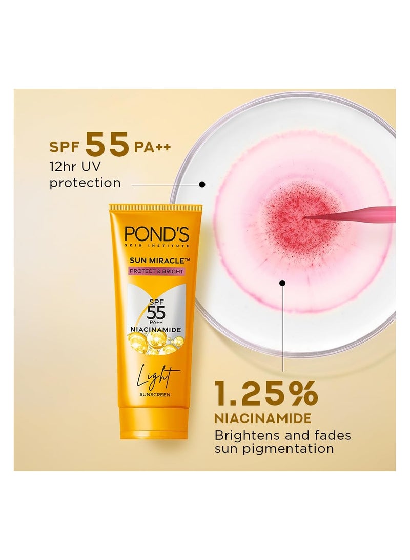 Pond's Sun Miracle SPF 55 PA+++ Light Sunscreen - Protect & Bright, With 3% Niacinamide, Fade Dark Spots in 4 Weeks, Lightweight, No White Cast 50g - Image 2