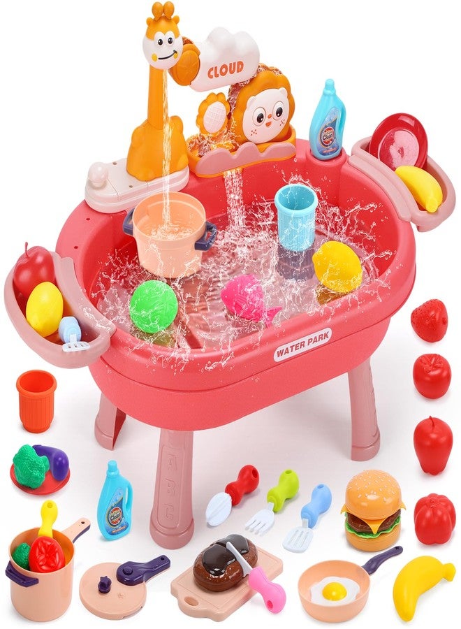HOLYFUN Play Kitchen Sink with Running Water, Water Table Toy, Sink Toy with Functional Faucet, Play Food, Pots & Pans Kitchen Accessories, Realistic Pretend Play Gift Set for Toddlers and Kids (Pink) - Image 1