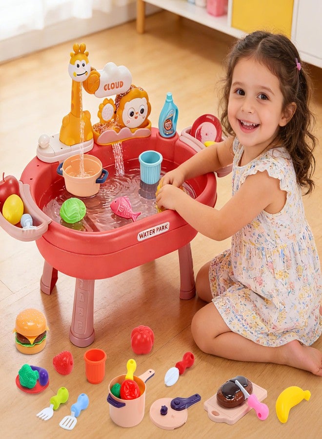 HOLYFUN Play Kitchen Sink with Running Water, Water Table Toy, Sink Toy with Functional Faucet, Play Food, Pots & Pans Kitchen Accessories, Realistic Pretend Play Gift Set for Toddlers and Kids (Pink) - Image 2