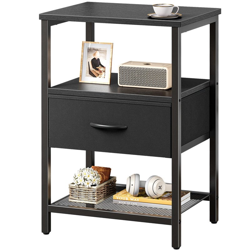 Huuger Night Stand with Fabric Drawer Side Table with Mesh Shelf Bedroom Nightstand Fabric Drawer Dresser Open Shelf Metal Frame Couch Side Black