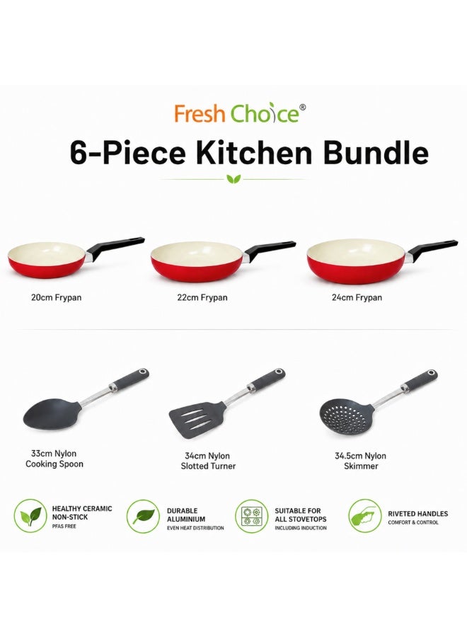 فريش تشويس FRESH CHOICE طقم مقالي سيراميك غير لاصقة 6 قطع، 20/22/24 سم، مع أدوات طبخ من النايلون، متوافق مع الحث وجميع أنواع المواقد، خالٍ من PFAS - Image 3