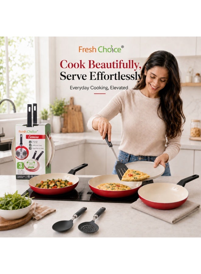 فريش تشويس FRESH CHOICE طقم مقالي سيراميك غير لاصقة 6 قطع، 20/22/24 سم، مع أدوات طبخ من النايلون، متوافق مع الحث وجميع أنواع المواقد، خالٍ من PFAS - Image 2