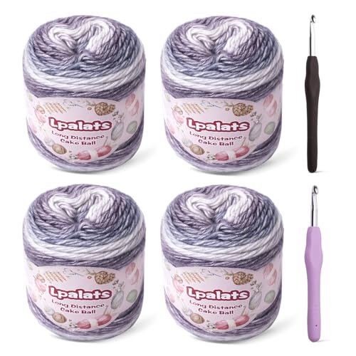 Lpalats Ombre Yarn for Crocheting 4x100g Soft 60 Cotton 40 Acrylic Yarn 962 Yds Gradient Cake Yarns for Knitting Shawls Blankets Sweater with 2 Crochet Hooks 4 Deep Purple Gradient - Image 1