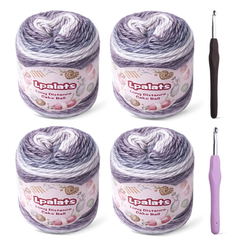 Lpalats Ombre Yarn for Crocheting 4x100g Soft 60 Cotton 40 Acrylic Yarn 962 Yds Gradient Cake Yarns for Knitting Shawls Blankets Sweater with 2 Crochet Hooks 4 Deep Purple Gradient - Image 2