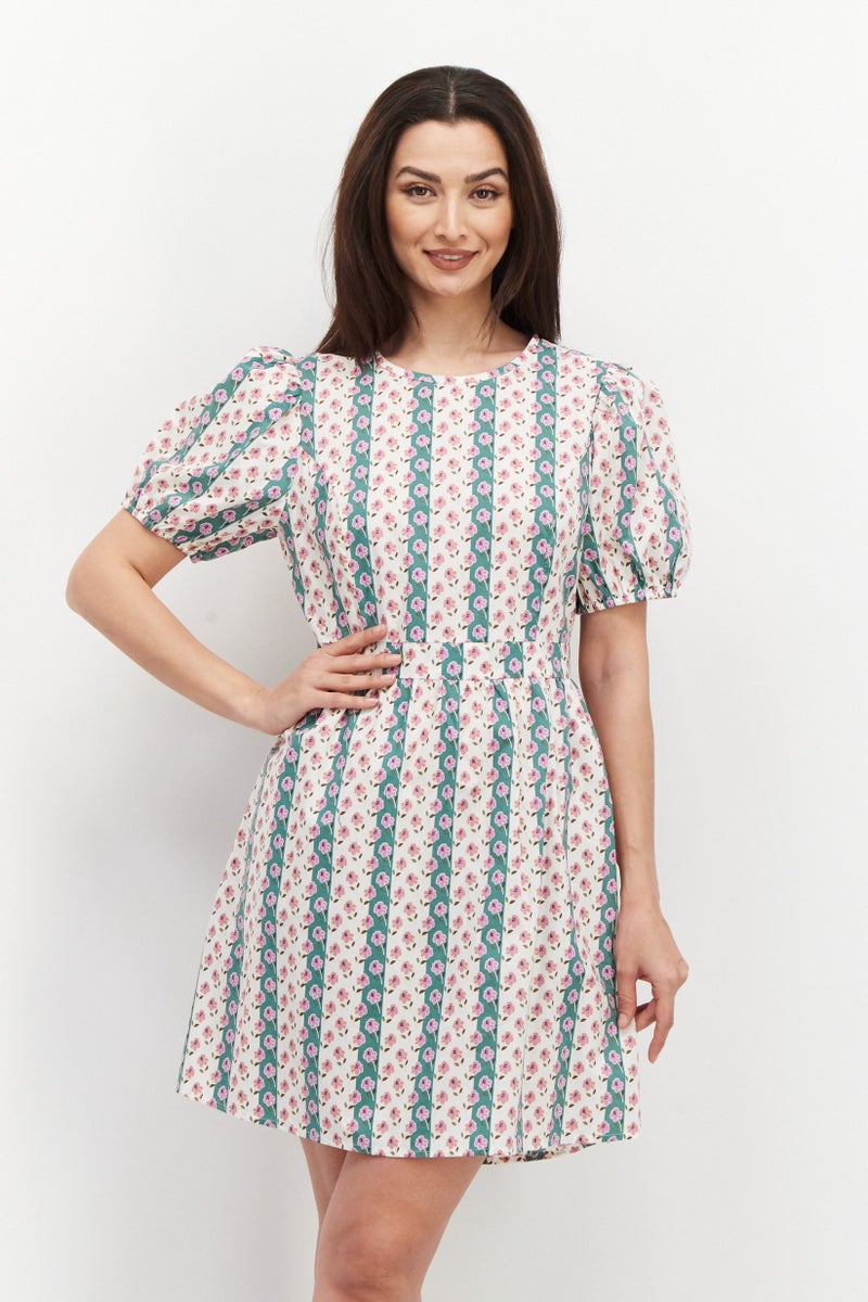 Vila Women Floral Pattern Puffed Sleeve Mini Dress, Off White - Image 1