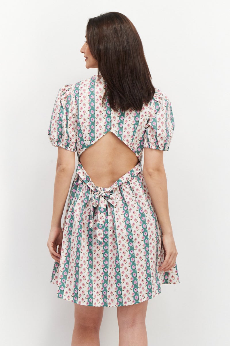 Vila Women Floral Pattern Puffed Sleeve Mini Dress, Off White - Image 3