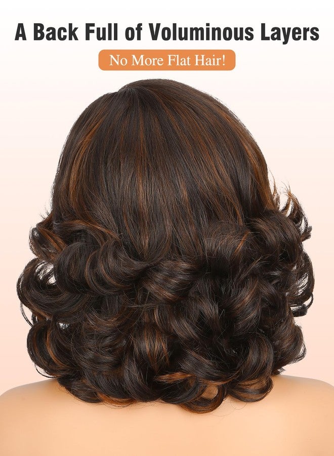 Quantum Love Ombre Brown Short Yaki Wavy Wig with Bangs Layered Curly Bob Shoulder Length wigs for women Brown Highlights 14 Inch Synthetic Natural Looking Gluless Short Wigs for Daily Party Use (Highlight Brown) - Image 3