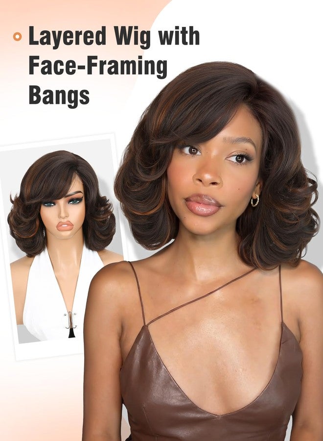 Quantum Love Ombre Brown Short Yaki Wavy Wig with Bangs Layered Curly Bob Shoulder Length wigs for women Brown Highlights 14 Inch Synthetic Natural Looking Gluless Short Wigs for Daily Party Use (Highlight Brown) - Image 2
