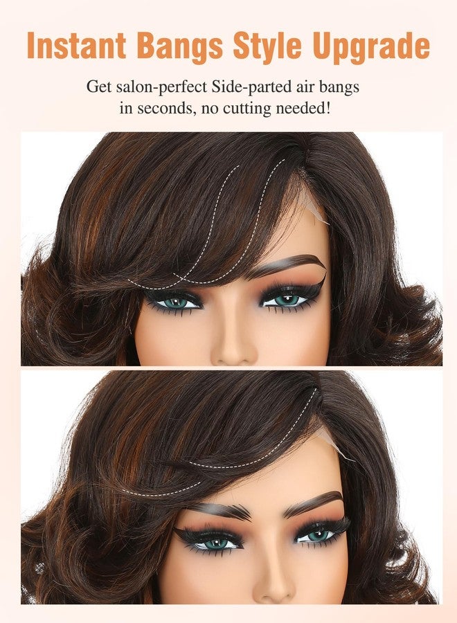 Quantum Love Ombre Brown Short Yaki Wavy Wig with Bangs Layered Curly Bob Shoulder Length wigs for women Brown Highlights 14 Inch Synthetic Natural Looking Gluless Short Wigs for Daily Party Use (Highlight Brown) - Image 5
