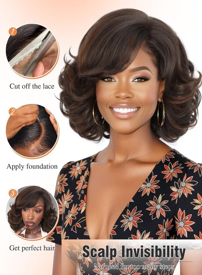 Quantum Love Ombre Brown Short Yaki Wavy Wig with Bangs Layered Curly Bob Shoulder Length wigs for women Brown Highlights 14 Inch Synthetic Natural Looking Gluless Short Wigs for Daily Party Use (Highlight Brown) - Image 4