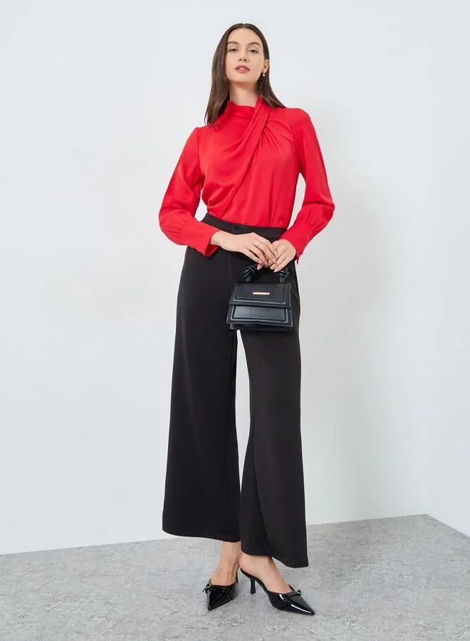 Take Two Take Two Solid Cross Neck Long Sleeve Top