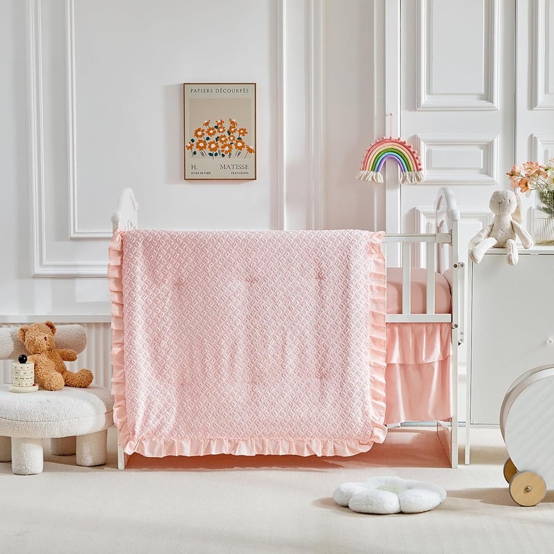 Flysheep 3 Pieces Tufted Crib Bedding Set with Ruffle Fringe Pink Ruffled Comforter with Fitted Sheet and Bed Skirt Soft and Embroidery Shabby Chic Boho Bohemian Jacquard Design for Baby Girls Boys - Image 2