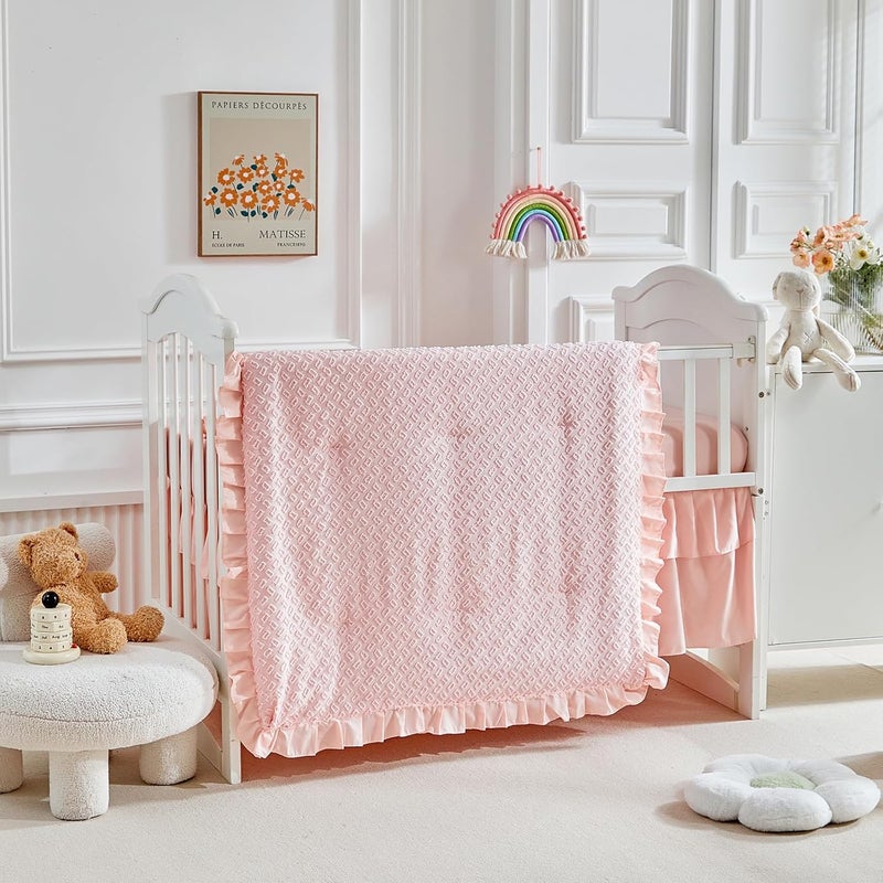 Flysheep 3 Pieces Tufted Crib Bedding Set with Ruffle Fringe Pink Ruffled Comforter with Fitted Sheet and Bed Skirt Soft and Embroidery Shabby Chic Boho Bohemian Jacquard Design for Baby Girls Boys - Image 4